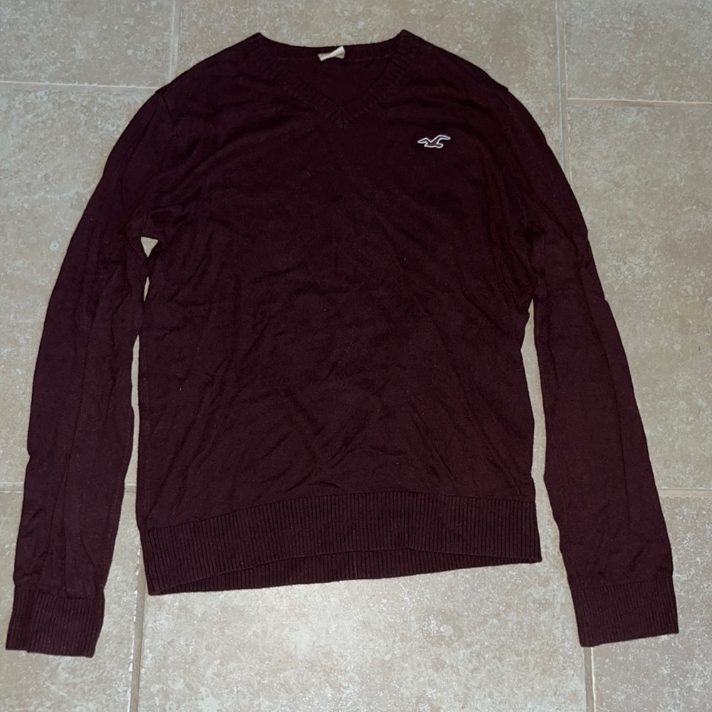 Adult Small Mens Maroon Long-Sleeves V-Neck Sweater